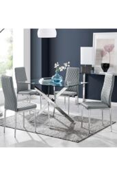 FurnitureboxUK Leonardo Glass & Chrome Metal Dining Table & 4 Milan Chairs Set in Grey