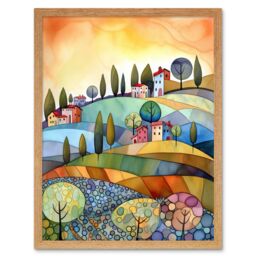 "Artery8 Wall Art Print Italian Countryside Midsummer Landscape Folk Art Framed in Light Oak - Size: W12"" x H16""" - thumbnail 1