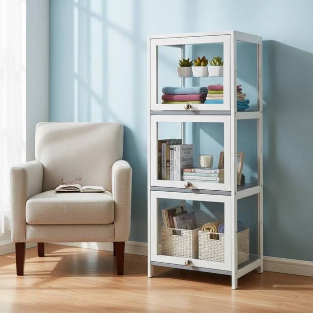 EONLION 3-Tier Bamboo Display Case Display Shelf in White - Size: 100 cm - image 1