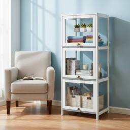 EONLION 3-Tier Bamboo Display Case Display Shelf in White - Size: 100 cm - thumbnail 1
