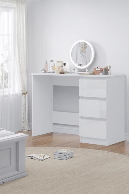 FWStyle White Gloss Vanity Makeup Dressing Table Desk With 3 Deep Drawers - image 1