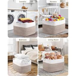 FLAVORA White&brown Large Woven Cotton Rope Storage Basket in White - Size: 500mm - thumbnail 6