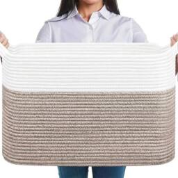FLAVORA White&brown Large Woven Cotton Rope Storage Basket in White - Size: 500mm