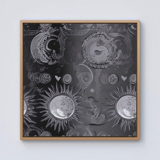 Warren Reed - Designer Black Grey Abstract Sun & Moon Framed Canvas in Light Brown - Size: w40 inch x h40 inch - image 1
