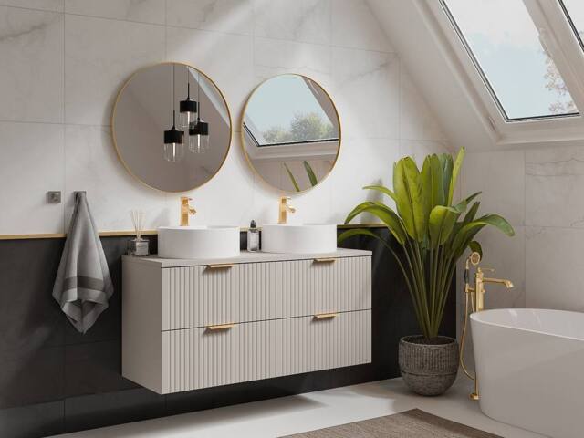 Vente-unique Fluted Wall-Hung Bathroom Unit With Double Round Countertop Basin in Beige