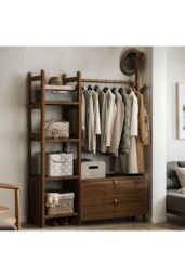 Living and Home Freestanding Bamboo Clothes Rack Garment Rack with Storage Shelves Coat Hanger in Brown - Size: Large - thumbnail 4