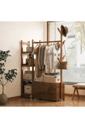 Living and Home Freestanding Bamboo Clothes Rack Garment Rack with Storage Shelves Coat Hanger in Brown - Size: Large - thumbnail 2