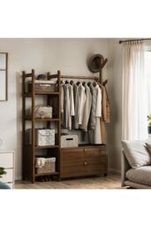 Living and Home Freestanding Bamboo Clothes Rack Garment Rack with Storage Shelves Coat Hanger in Brown - Size: Large - thumbnail 6