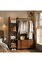 Living and Home Freestanding Bamboo Clothes Rack Garment Rack with Storage Shelves Coat Hanger in Brown - Size: Large - thumbnail 7