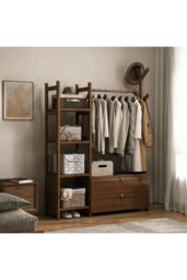 Living and Home Freestanding Bamboo Clothes Rack Garment Rack with Storage Shelves Coat Hanger in Brown - Size: Large - thumbnail 1
