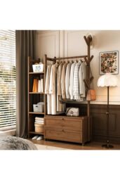 Living and Home Freestanding Bamboo Clothes Rack Garment Rack with Storage Shelves Coat Hanger in Brown - Size: Large - thumbnail 8