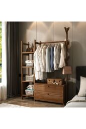 Living and Home Freestanding Bamboo Clothes Rack Garment Rack with Storage Shelves Coat Hanger in Brown - Size: Large - thumbnail 3