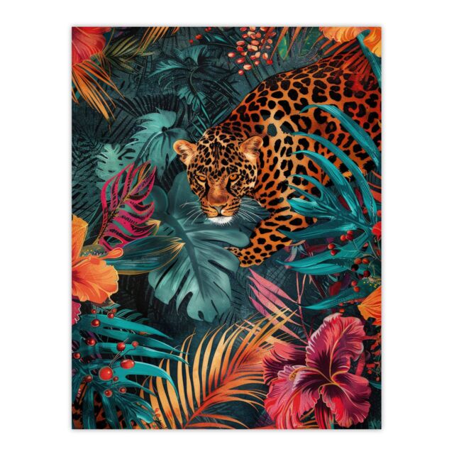 "Artery8 Wall Art Print Fierce Leopard Exotic Floral Jungle Plants Poster - Size: W24"" x H32""" - image 1