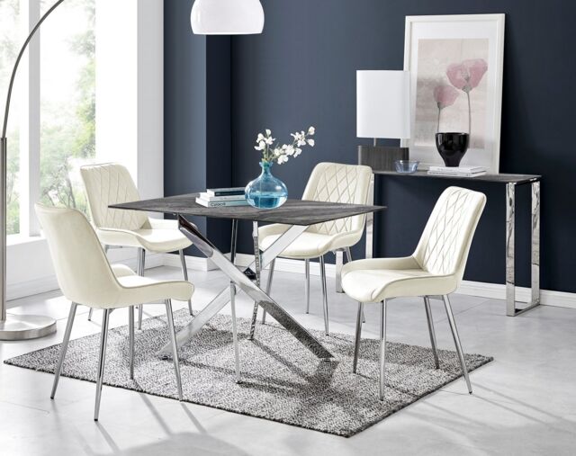 FurnitureboxUK Leonardo Grey Glass Marble Effect Silver Leg Table & 4 Pesaro Silver Chairs in Cream - image 1