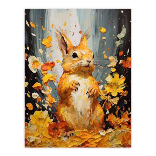 "Artery8 Autumn Again Red Squirrel In Amber Leaves Orange Heavy Oil Painting Unframed Wall Art Print Poster Home Decor Premium - Size: W12"" x H16""" - image 1
