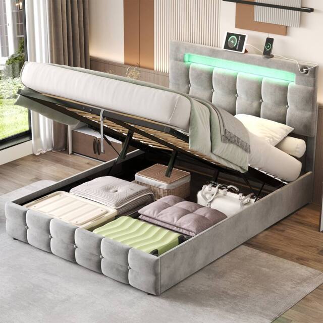 BTM Double Bed with Hydraulic Storage & LED Charging Headboard in Grey - image 1