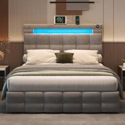 BTM Double Bed with Hydraulic Storage & LED Charging Headboard in Grey - thumbnail 2