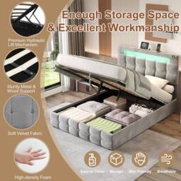 BTM Double Bed with Hydraulic Storage & LED Charging Headboard in Grey - thumbnail 6