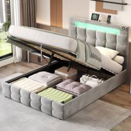 BTM Double Bed with Hydraulic Storage & LED Charging Headboard in Grey