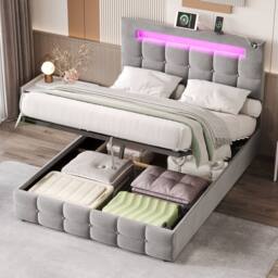 BTM Double Bed with Hydraulic Storage & LED Charging Headboard in Grey - thumbnail 4