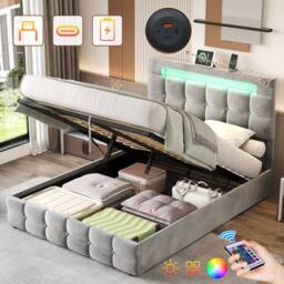 BTM Double Bed with Hydraulic Storage & LED Charging Headboard in Grey - thumbnail 7