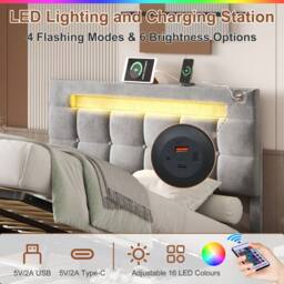 BTM Double Bed with Hydraulic Storage & LED Charging Headboard in Grey - thumbnail 8