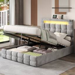BTM Double Bed with Hydraulic Storage & LED Charging Headboard in Grey - thumbnail 3
