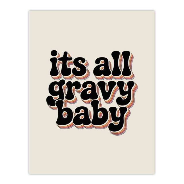 "Artery8 Funky Retro It's All Gravy Baby Rainbow Typography Wall Art Print in Beige - Size: W12"" x H16""" - image 1