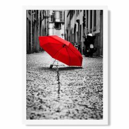 ARTZE Red Umbrella in Paris Street Fashion Photo Framed Print SIZE: A2 with White Frame in Black - Size: A4