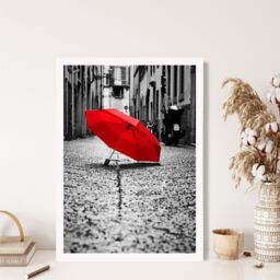 ARTZE Red Umbrella in Paris Street Fashion Photo Framed Print SIZE: A2 with White Frame in Black - Size: A4 - thumbnail 2