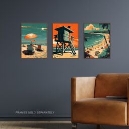 "Artery8 Wall Art Print Set of 3 Coastal Landscapes Graphic Artwork Orange Teal Summer Beach Holiday Living Room Poster s Pack - Size: W12"" x H16""" - thumbnail 2
