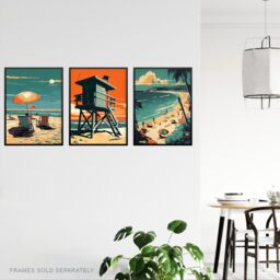 "Artery8 Wall Art Print Set of 3 Coastal Landscapes Graphic Artwork Orange Teal Summer Beach Holiday Living Room Poster s Pack - Size: W12"" x H16""" - thumbnail 3