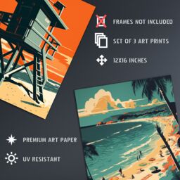 "Artery8 Wall Art Print Set of 3 Coastal Landscapes Graphic Artwork Orange Teal Summer Beach Holiday Living Room Poster s Pack - Size: W12"" x H16""" - thumbnail 4