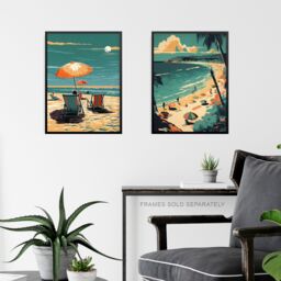 "Artery8 Wall Art Print Set of 3 Coastal Landscapes Graphic Artwork Orange Teal Summer Beach Holiday Living Room Poster s Pack - Size: W12"" x H16""" - thumbnail 6