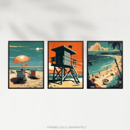 "Artery8 Wall Art Print Set of 3 Coastal Landscapes Graphic Artwork Orange Teal Summer Beach Holiday Living Room Poster s Pack - Size: W12"" x H16""" - thumbnail 5