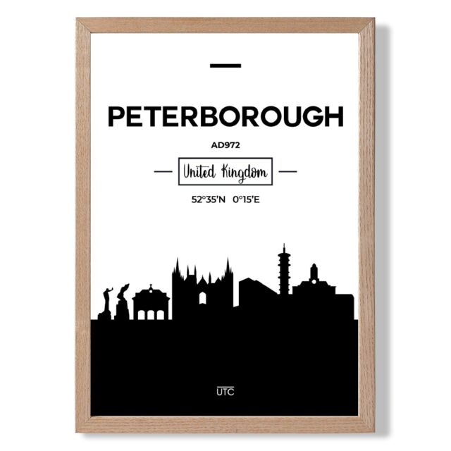 ARTZE Peterborough Black & White City Skyline Framed Print SIZE: A2 with Oak Frame - Size: A4 - image 1