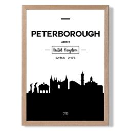 ARTZE Peterborough Black & White City Skyline Framed Print SIZE: A2 with Oak Frame - Size: A4