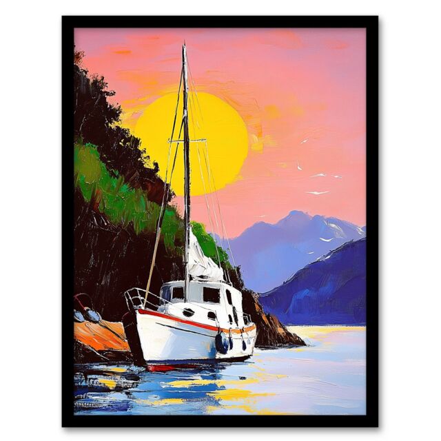 "Artery8 Harbour Sunset Docked Sailboat Coastal Landscape Framed Art Print - Size: W12"" x H16""" - image 1