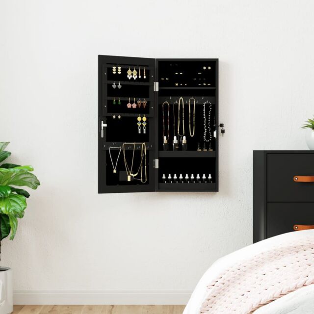 Berkfield Home Mirror Jewellery Cabinet with LED Lights Wall Mounted Black - image 1