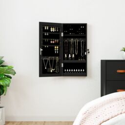 Berkfield Home Mirror Jewellery Cabinet with LED Lights Wall Mounted Black - thumbnail 1