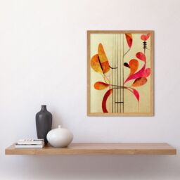 "Artery8 Wall Art Print Abstract Autumnal Boho Leaves & Musical Music Staff Lines Cream Pink Copper Yellow Art Framed in Light Oak - Size: W12"" x H16""" - thumbnail 2