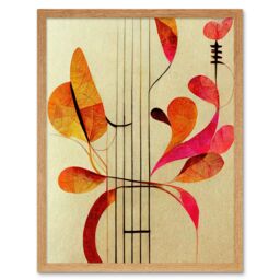 "Artery8 Wall Art Print Abstract Autumnal Boho Leaves & Musical Music Staff Lines Cream Pink Copper Yellow Art Framed in Light Oak - Size: W12"" x H16""" - thumbnail 1