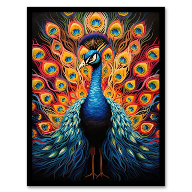 "Artery8 Peacock Bird With Bright Vivid Feathers Yellow Red Blue Bold Portrait Artwork Art Print Framed Poster Wall Decor in Black - Size: W12"" x H16""" - image 1