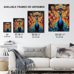"Artery8 Peacock Bird With Bright Vivid Feathers Yellow Red Blue Bold Portrait Artwork Art Print Framed Poster Wall Decor in Black - Size: W12"" x H16""" - thumbnail 3