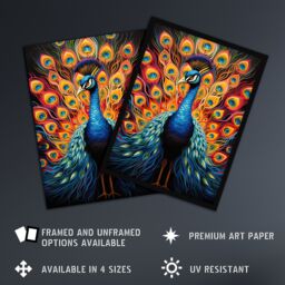 "Artery8 Peacock Bird With Bright Vivid Feathers Yellow Red Blue Bold Portrait Artwork Art Print Framed Poster Wall Decor in Black - Size: W12"" x H16""" - thumbnail 2