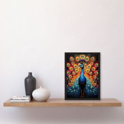 "Artery8 Peacock Bird With Bright Vivid Feathers Yellow Red Blue Bold Portrait Artwork Art Print Framed Poster Wall Decor in Black - Size: W12"" x H16""" - thumbnail 4