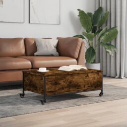 Berkfield Home Coffee Table with¬†Wheels Smoked Oak 91x55x34 cm Engineered¬†Wood in Brown - Size: 91 x 55 x 34 cm - thumbnail 3