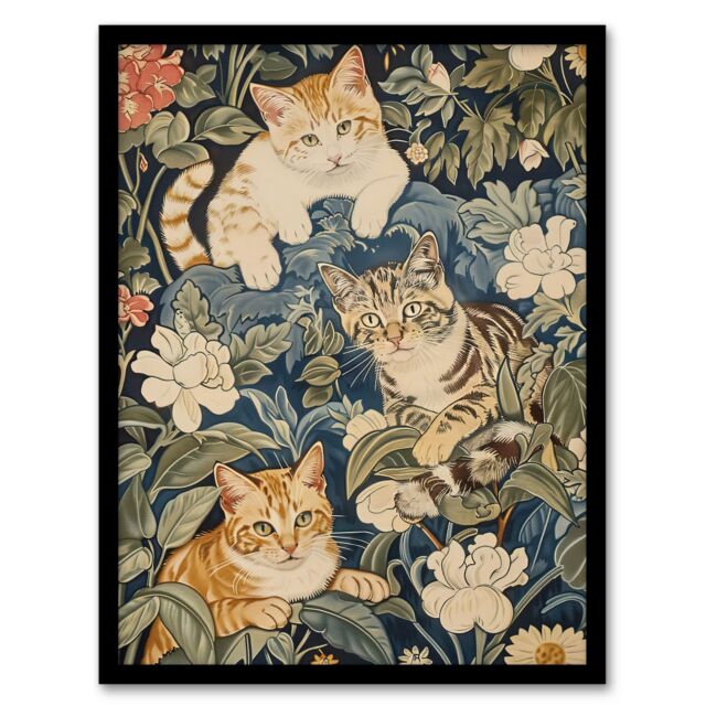 "Artery8 Kittens in Flowers Painting Animal Lover Framed Art Print in Green - Size: W12"" x H16""" - image 1