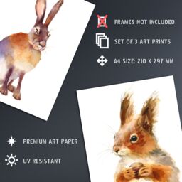 Artery8 Wall Art Print Watercolour Red Squirrel Hare Rabbit Set Of 3 s Bathroom Bedroom Aesthetic Woodland Painting A4 - thumbnail 4