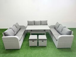 Fimous PE Rattan Lounge Sofa Set 11 Seater Outdoor Garden Furniture Set with Rectangular Dining Table 3 Seater Sofa 2 Stools Light Grey - thumbnail 2
